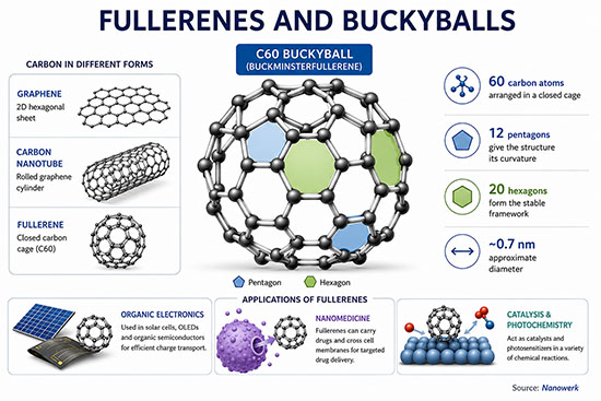 Infographic showing the C60 buckyball fullerene structure, its carbon cage geometry, comparison with graphene and carbon nanotubes, and applications in organic electronics, nanomedicine, and catalysis.
