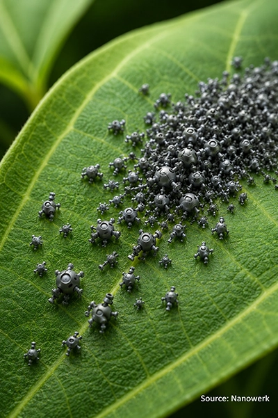 Conceptual illustration of gray goo as hypothetical self-replicating nanobots spreading across a leaf surface.