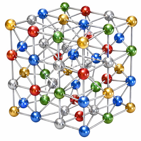 Illustration of a high-entropy alloy crystal lattice with multiple elements occupying random lattice sites