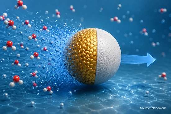 Illustration of a Janus nanomotor with catalytic and inert sides moving through liquid by surface-slip propulsion.