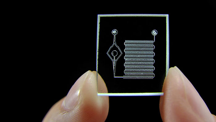 A lab-on-a-chip held between fingers