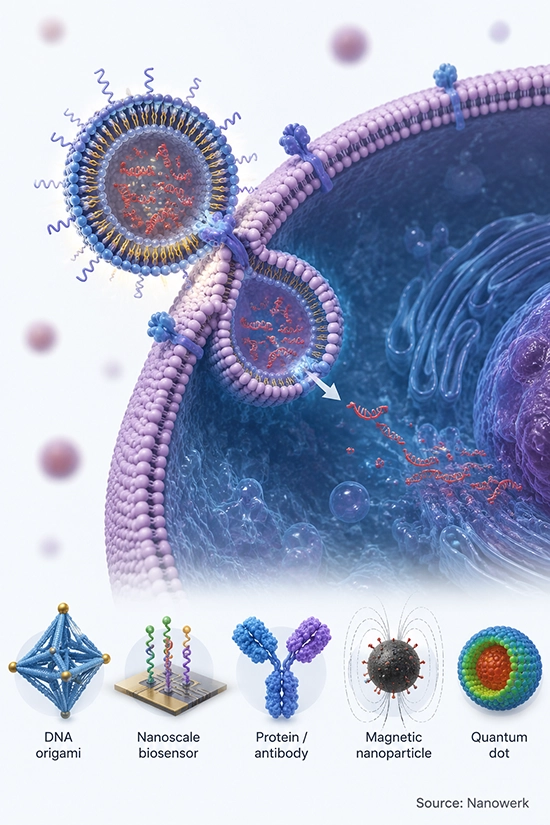 Engineered lipid nanoparticle binding to receptors on a cell membrane and releasing biomolecular cargo, with examples of DNA origami, a nanoscale biosensor, an antibody, a magnetic nanoparticle, and a quantum dot.