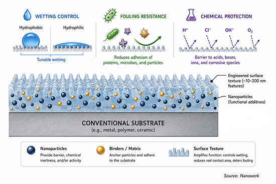 Schematic of a functional nanocoating: a nanometer-thin layer with embedded nanoparticles and engineered surface texture sits on top of a conventional substrate, controlling wetting, fouling, and chemical attack at the interface.