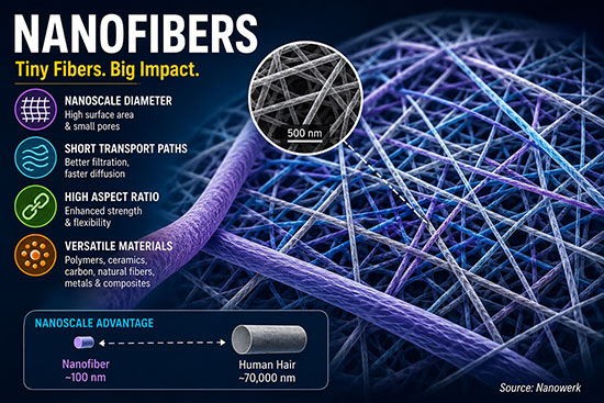 Scientific infographic titled “Nanofibers” showing a colorful nanoscale fiber mesh with a magnified 500 nm inset, icons for nanoscale diameter, short transport paths, high aspect ratio, and versatile materials, plus a comparison between a 100 nm nanofiber and a 70,000 nm human hair.