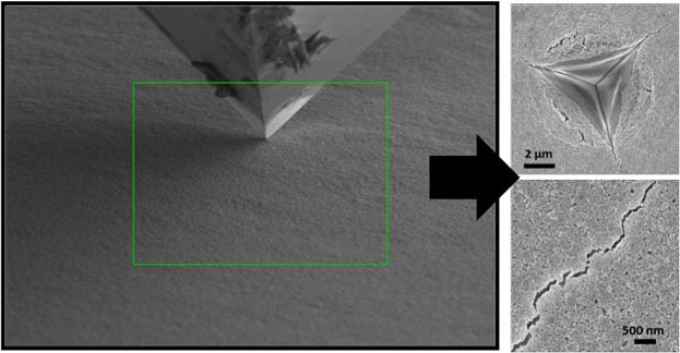 Nanomechanical behavior of a biomimetic nacre coating on glass observed via in situ SEM nanoindentation, demonstrating nanoscale crack deflection and strain hardening