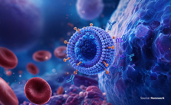 illustration of a blue nanoscale drug-delivery particle with surface ligands moving through the bloodstream toward a large diseased cell, with red blood cells in the background