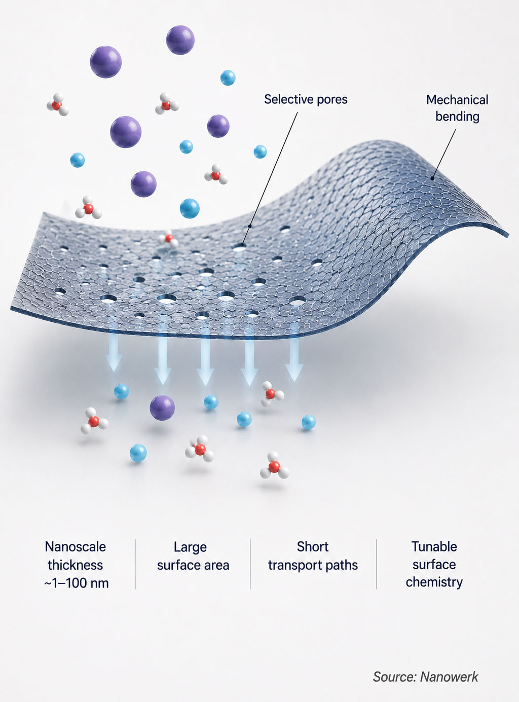 Scientific infographic titled Nanomembranes showing a freestanding ultrathin sheet with selective pores, ion and molecule transport across the sheet, mechanical bending of the membrane, and labeled features including nanoscale thickness, large surface area, short transport paths, and tunable surface chemistry.