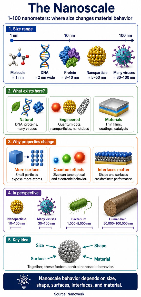 Infographic explaining the nanoscale as the 1 to 100 nanometer size range, with examples including DNA, proteins, viruses, quantum dots, nanoparticles, and surface and quantum effects