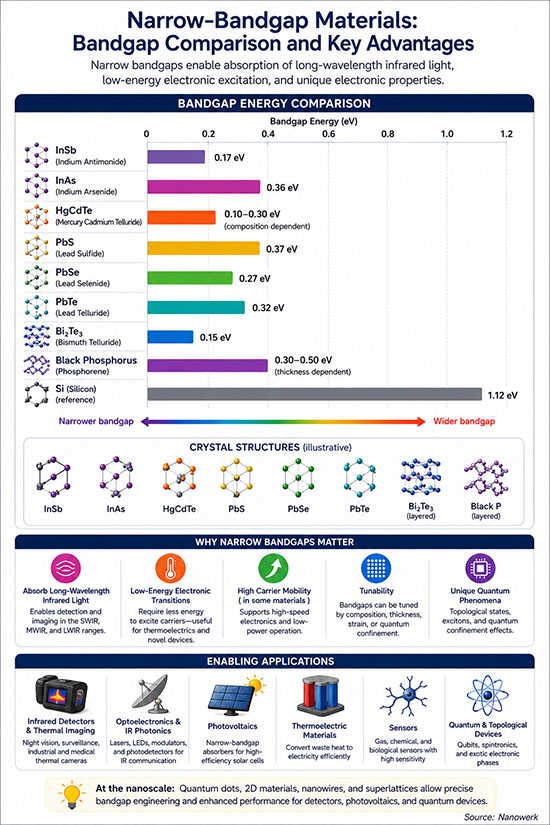 Comparison of common semiconductors arranged by bandgap energy, from graphene-related near-zero-gap systems through HgCdTe, InSb, InAs, PbTe, PbSe, PbS, germanium, and silicon, with infrared absorption ranges labeled.