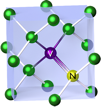 This illustration represents the atomic structure of a diamond lattice. Included is a Nitrogen (N) Vacancy (V) center