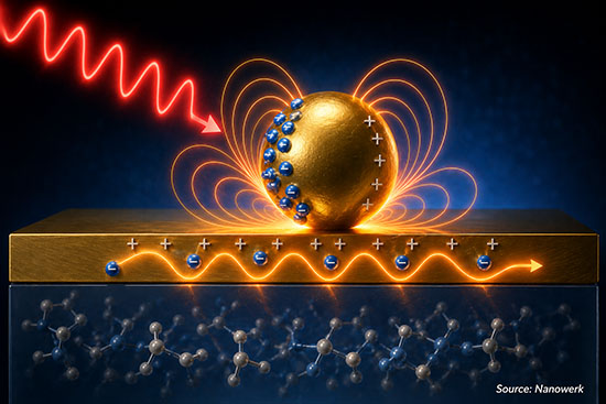 Schematic illustration of red light exciting a gold nanoparticle on a metal surface, with symbolic electron charges, glowing near-field lines, and surface plasmon waves showing nanoscale electromagnetic field confinement.