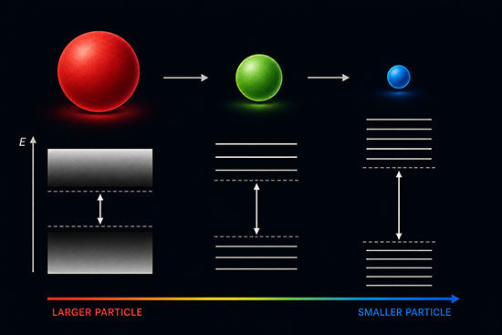 Illustration showing three particles decreasing in size from left to right. Below them, energy diagrams show broad bands for the largest particle, more separated energy levels for smaller particles, and a widening band gap.