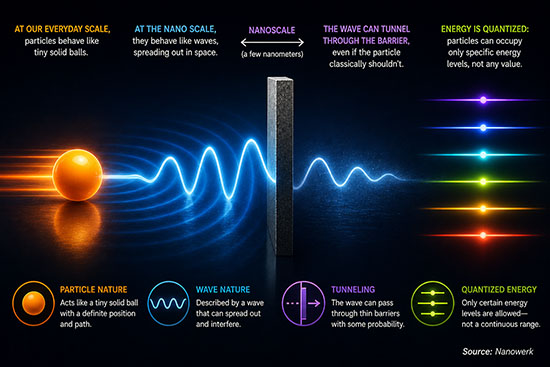 Illustration showing a glowing particle turning into a wave as it passes through a thin nanoscale barrier, with colored lines representing discrete quantum energy levels.