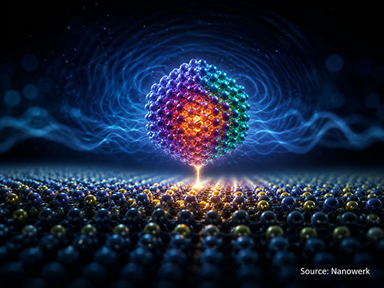 Glowing nanocrystal hovering above an atomic lattice, with blue wave patterns and a light bridge representing quantum confinement, electron interference, and tunneling.