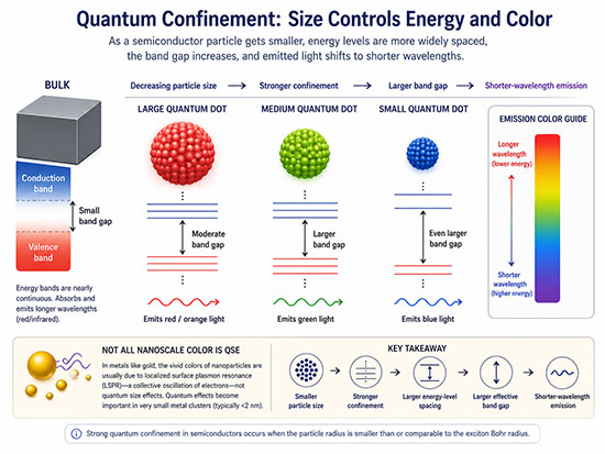 Diagram showing three semiconductor nanoparticles decreasing in size, with smaller particles having wider band gaps and emitting shorter-wavelength, bluer light.