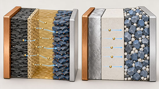 Cross-section schematic comparing a conventional lithium-ion battery with liquid electrolyte on the left and a solid-state battery with a ceramic solid electrolyte and lithium metal anode on the right