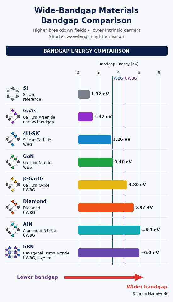 Comparison of common semiconductors arranged by bandgap energy, from silicon and GaAs through SiC and GaN to ultrawide-bandgap materials Ga2O3, diamond, AlN, and hBN, with main device applications labeled.