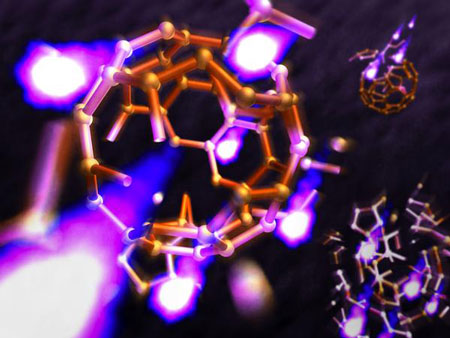 Illustration of a buckyball in an X-ray pulse