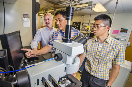 Sandia National Laboratories researcher Hongyou Fan, center, Paul Clem, left, and Binsong Li.