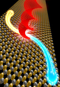 Atoms of molybdenum (gray) and sulfur (yellow) are shown in a two-dimensional crystal formation