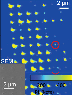A surface confocal scan of a diamond sample shows the NV centers in yellow