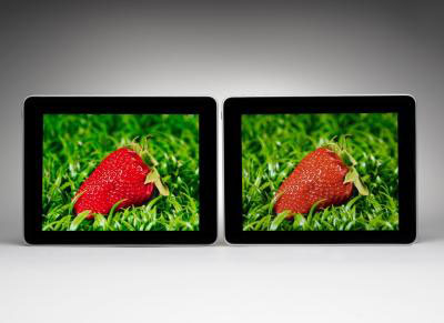 Quantum dots make greens and reds pop on screens (left) compared with other types of displays (right)