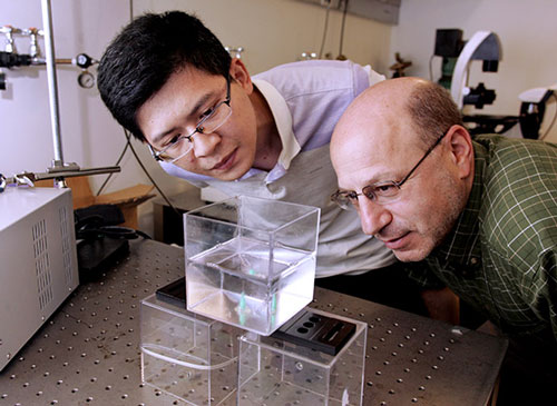 Howard Stone and graduate student Jie Feng observe bubbles in a tank