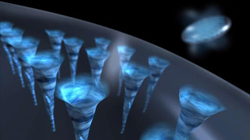 array of quantum vortices in a superfluid droplet