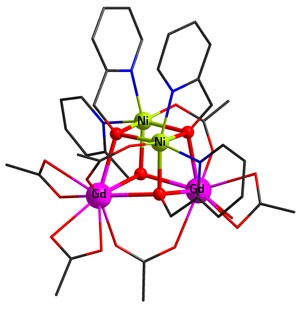 magnetic refrigerant contains a cubic structure made of two gadolinium ions (pink), two nickel ions (green) and four oxygen atoms (red), surrounded by 2-(hydroxymethyl)pyridine molecules