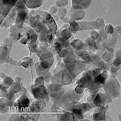 Transmission Electron Microscope (TEM) image of titanium dioxide plates resting on a near-invisible sheet of graphene