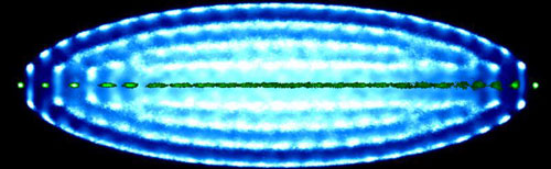 Simulation of spatial distribution of individual nitrogen ions (green) in the interior of a Coulomb crystal of laser-cooled calcium ions (blue)