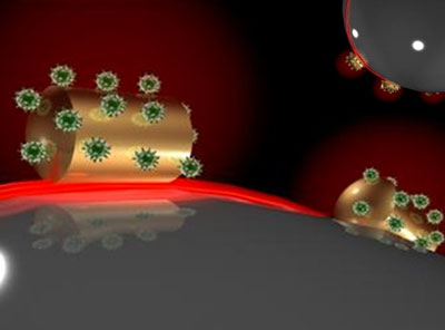 attaching gold wires to microspheres so that molecules are able to bind to it