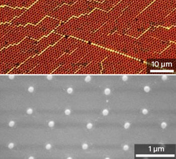 Dark-field microscopy (top) and scanning electron microscopy (bottom) images showing an array of plasmonic nanoparticles used as a highly sensitive sensor