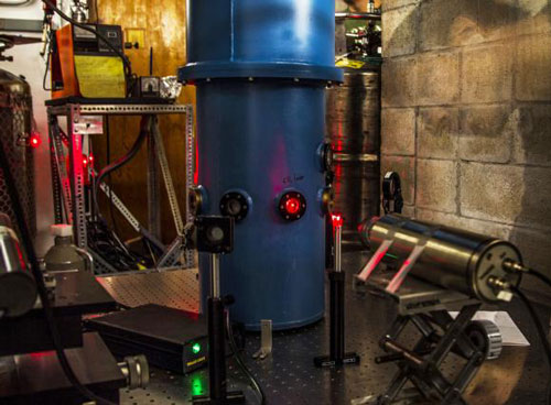 A canister of liquid helium inside the blue cylinder