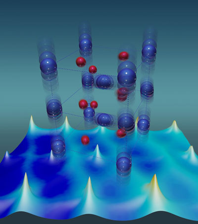 Vanadium atoms (blue) have unusually large thermal vibrations that stabilize the metallic state of a vanadium dioxide crystal. Red depicts oxygen atoms