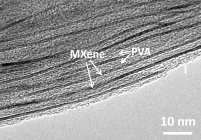A scanning electron microscopic image shows the polymer polyvinyl alcohol filling in between layers of MXen