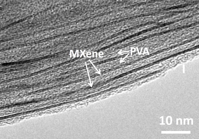 A scanning electron microscopic image shows the polymer polyvinyl alcohol filling in between layers of MXen