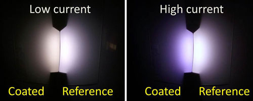 At low current the coated LEDs emit a cozy, warm glow compared to uncoated reference LEDs