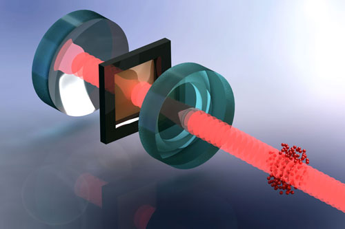 A cloud of ultracold atoms (red) is used to cool the mechanical vibrations of a millimeter-sized membrane