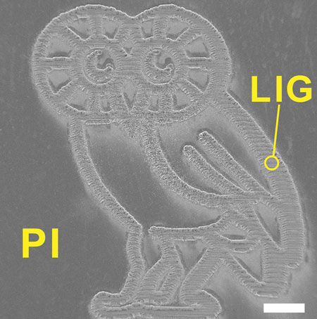 This finely detailed Rice Owl was produced by burning a graphene foam pattern into a flexible polyimide sheet with a laser