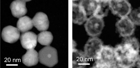 Electron microscopy images of the galvanic replacement reaction, transforming a silver nanoparticle into a hollow silver/palladium nanostructure