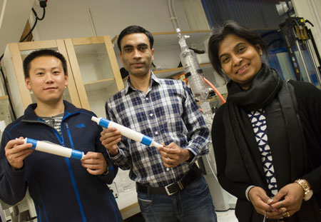 Aji Mathew assistant professor at Luleå University of Technology with her graduate students Peng Liu and Zoheb Karim with prototypes of nano-filters