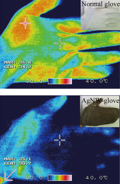 Heat-based images show a conventional cloth glove (top) lets warmth escape while a nanowire glove traps it