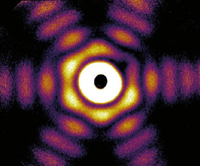 wide-angle X-ray diffraction image of a truncated twinned tetrahedra nanoparticle