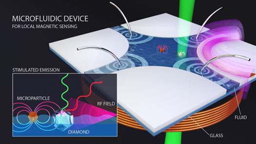 A diamond nanocrystal (white object to the right of center) is used to map the magnetic field around a particle (red object at center)