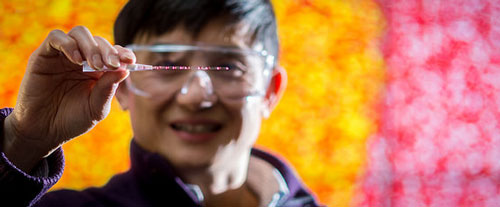 Argonne researcher Yuelin Li holds a sample holder containing a single gold nanorod in water