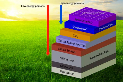 Schematic diagram shows the layered structure of a hybrid solar cell