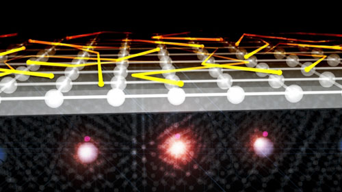 Graphic depiction of nitrogen-vacancy center sensors (red glowing spheres) used to probe  electron motion in a conductor
