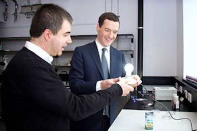 Chancellor George Osborne and Sir Kostya Novoselov with the graphene lightbulb