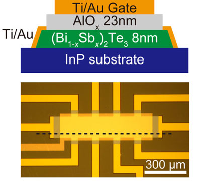 Cross-sectional schematic and top view photograph of the Hall bar device used for the topological insulator